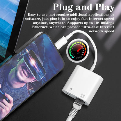 DESOFICON Lightning to Ethernet Adapter 2-in-1 RJ45 LAN Network with Charging Port for iPhone iPad White