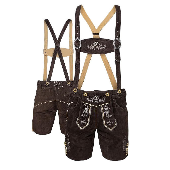 Brown lederhosen with suspenders on a white background, featuring text about premium quality and German design.