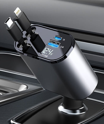 KAMISAFE 4-in-1 Retractable Car Charger 66W USB-C & Lightning 800mm