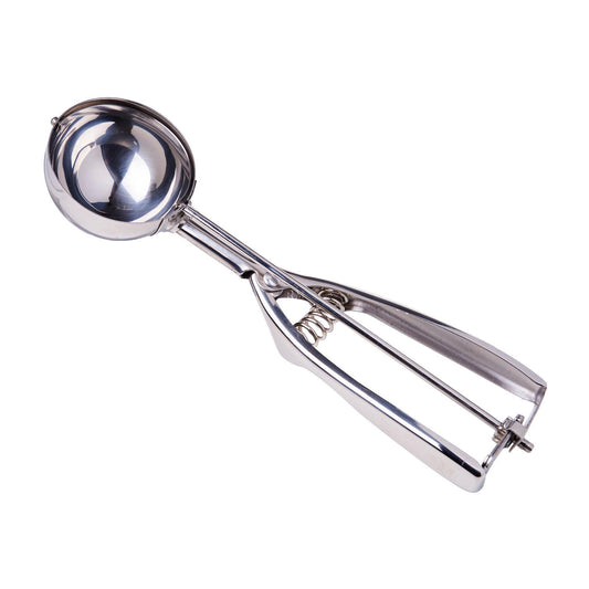 Metallic ice cream scoop on a white background