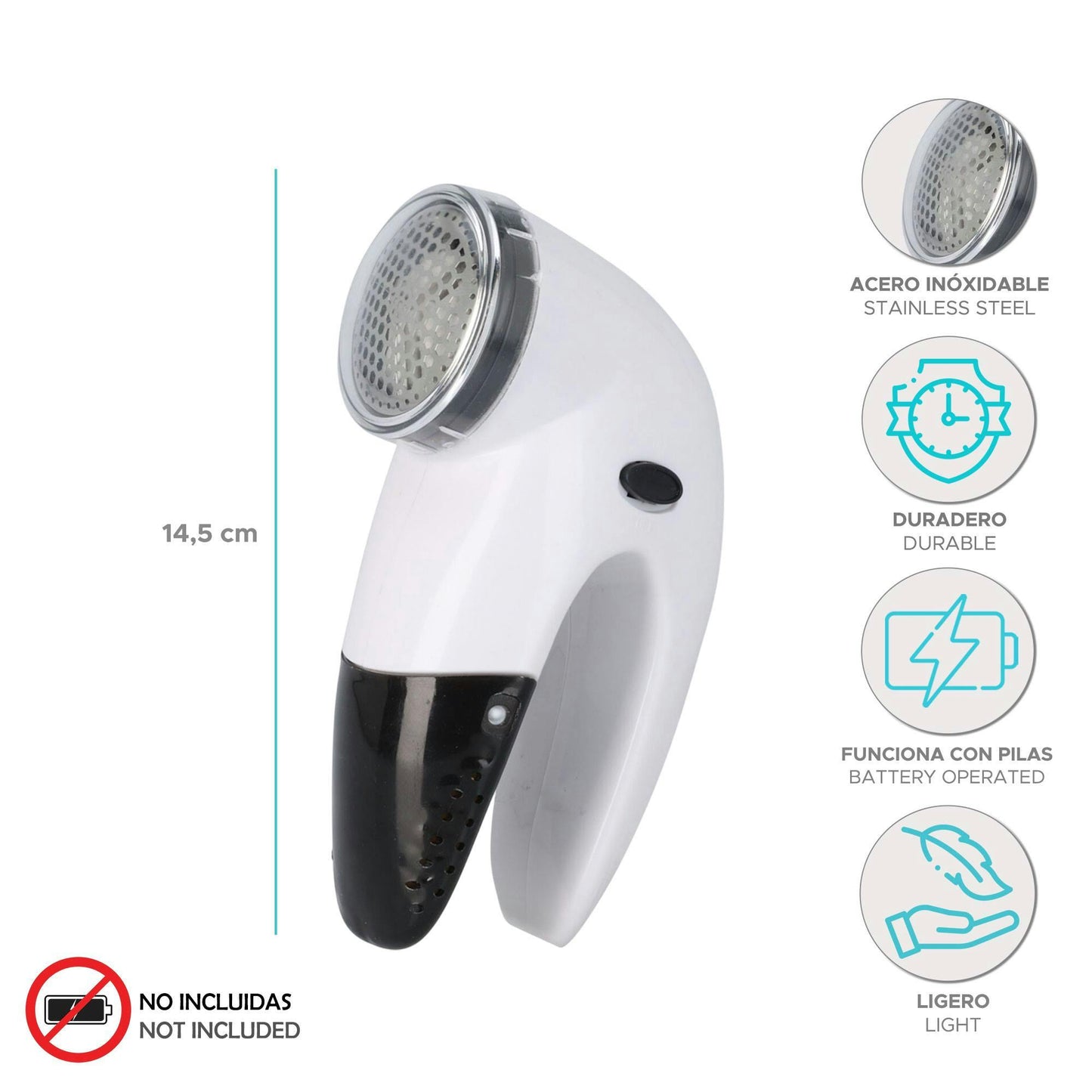 WellHome Compact ABS Lint Remover, Stainless Steel Cover, Battery-Powered, Black & White