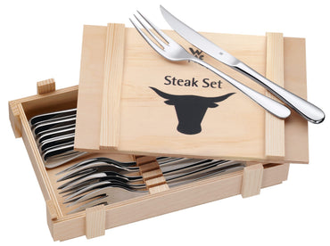 WMF 12-Piece Cromargan Stainless Steel Steak Knife & Fork Set with Wooden Box