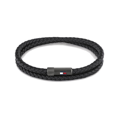 Tommy Hilfiger Men's Braided Black Leather Bracelet with Iconic Clasp