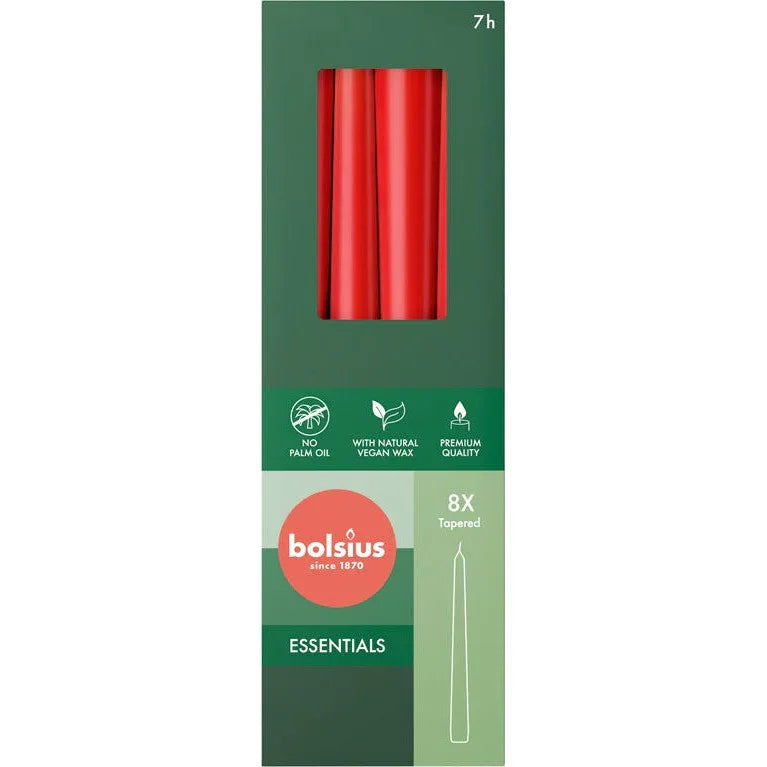 Bolsius Essentials Red Dinner Candles 8-Pack, Tapered, 7-Hour Burn, 24.5cm - Gomix Brands Outlet