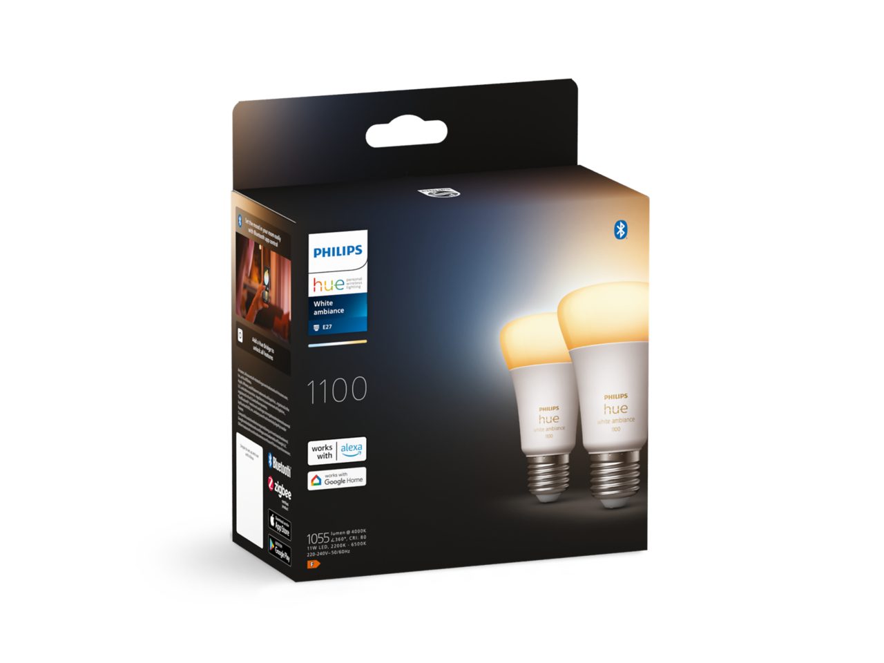 Philips Hue White Ambiance A60 E27 Smart LED Bulb 2-Pack, Dimmable, 1100 Lumens
