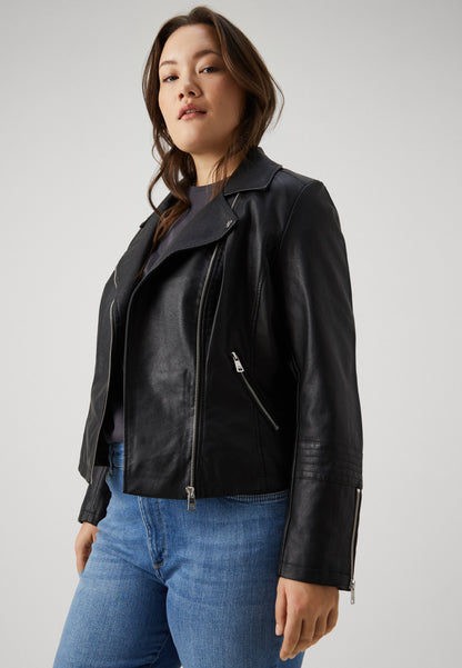 ONLY Carmakoma Women's Black Faux Leather Biker Jacket with Zip Details