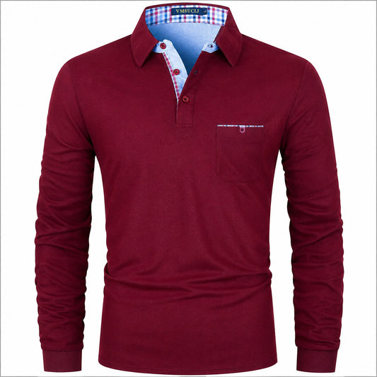 VMSUCIJ Men's Patchwork Collar Denim Long Sleeve Polo Shirt