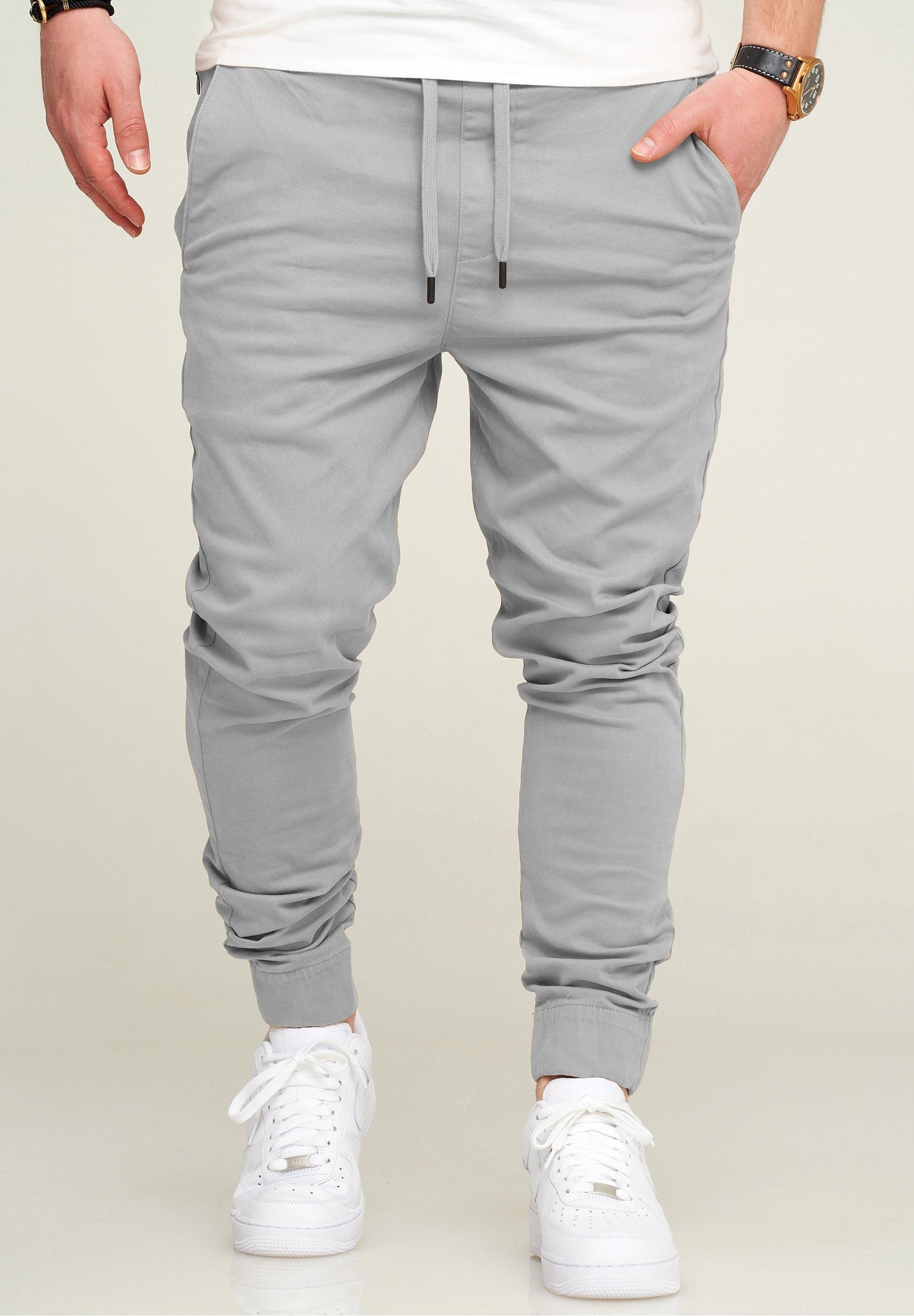 One Redox ORFORLI Men's Light Grey Tapered Chinos with Elastic Waistband