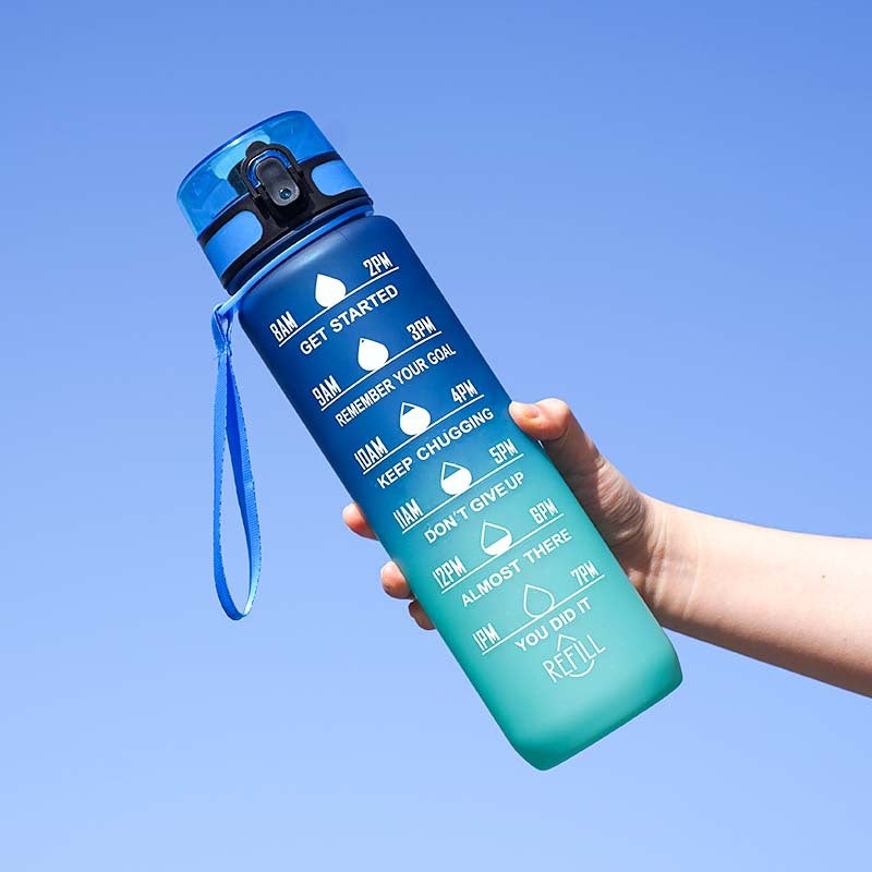 Motivational 1 Liter Gradient Water Bottle with Time Marker & Scale, Leakproof Tritan