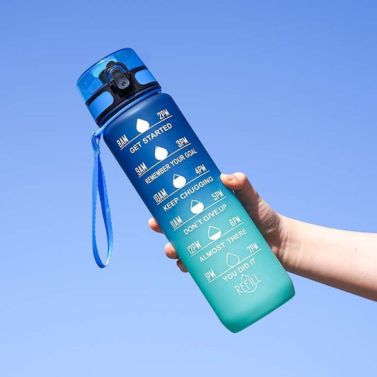 Motivational 1 Liter Gradient Water Bottle with Time Marker & Scale, Leakproof Tritan