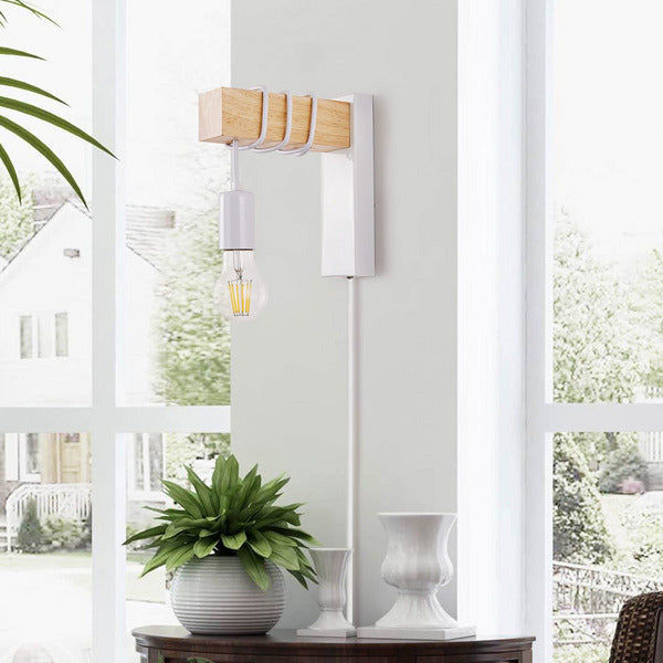 VANSINTEK Plug-In Industrial Wood Wall Light E27 LED Sconce with On/Off Switch