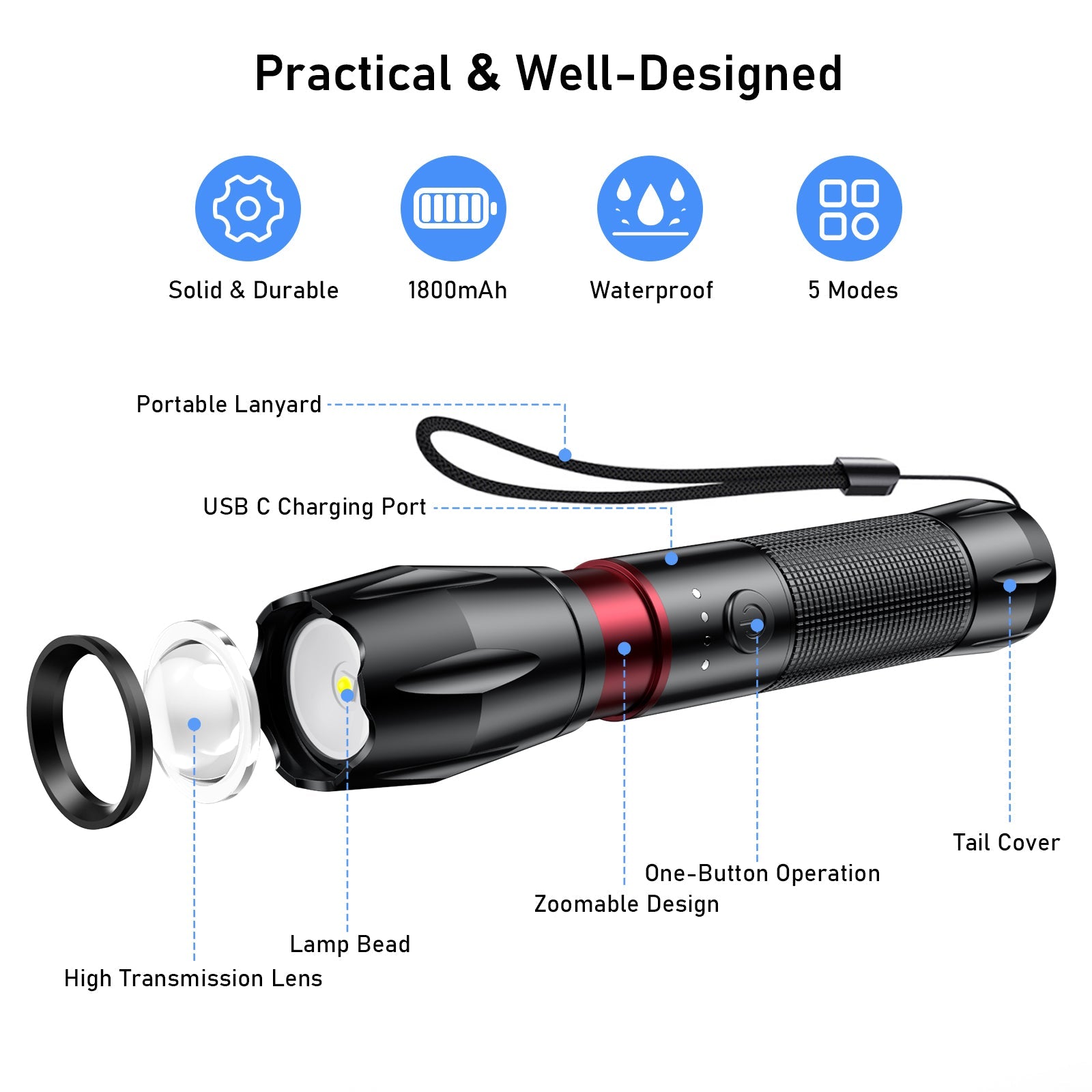 Blukar Waterproof Lightweight Mini Handheld LED Torch Rechargeable K9137