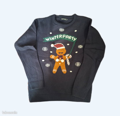 Cozy Gingerbread Man Christmas Sweater for Kids - Plush Pom-Poms, Navy 12 Year