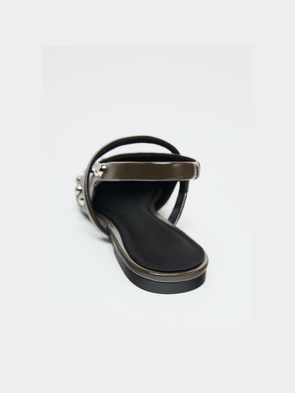 Brown Pointed-Toe Bridge Strap Slingback Studded Vegan Leather Flats