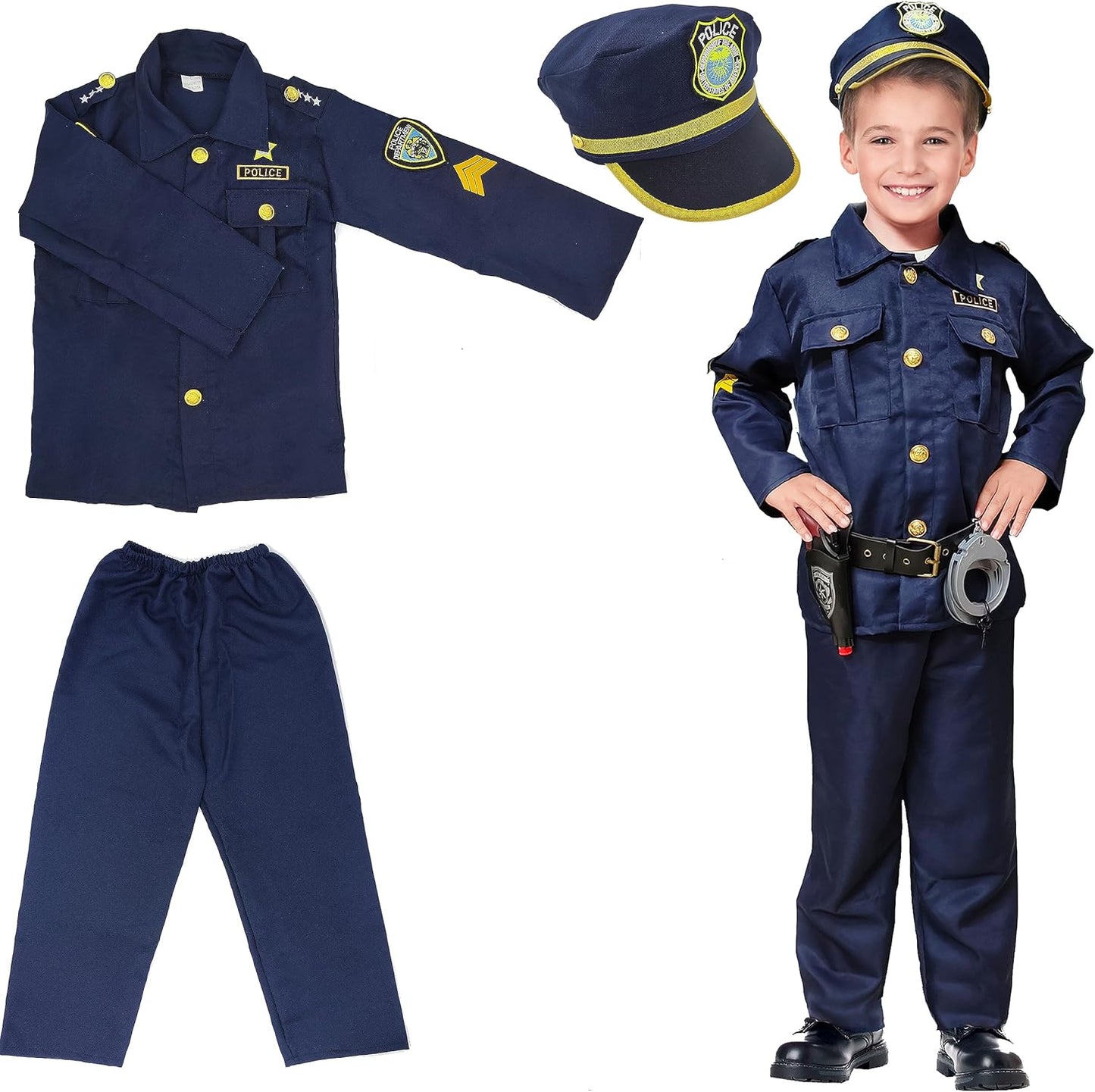 Kizzyland Police Officer Costume for Kids with Accessories, Blue & Black Dress-Up Outfit