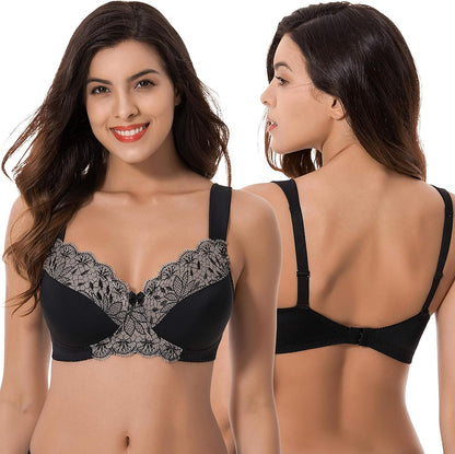 Curve Muse Plus Size Unlined Minimizer Wirefree Bra with Embroidery Lace