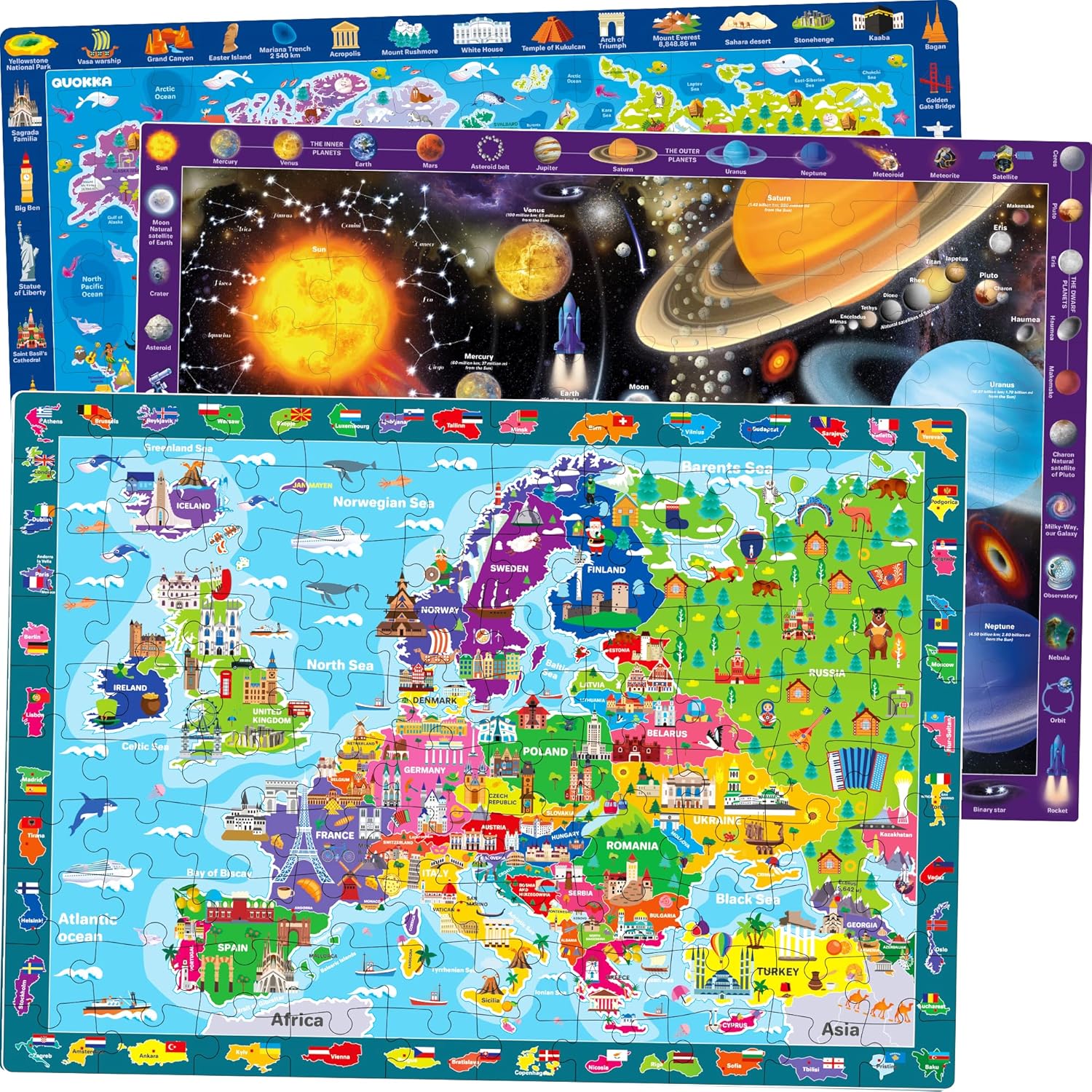 QUOKKA 100-Piece Educational Floor Puzzle – World, Europe, Space