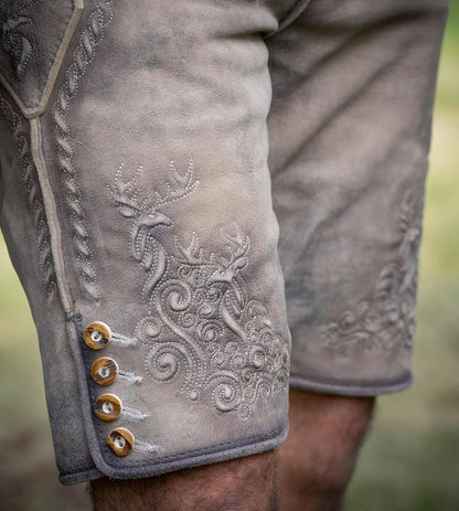 Schöneberger Vintage Wildbockleder Herren Traditional Kurz-Lederhose Ice Grey