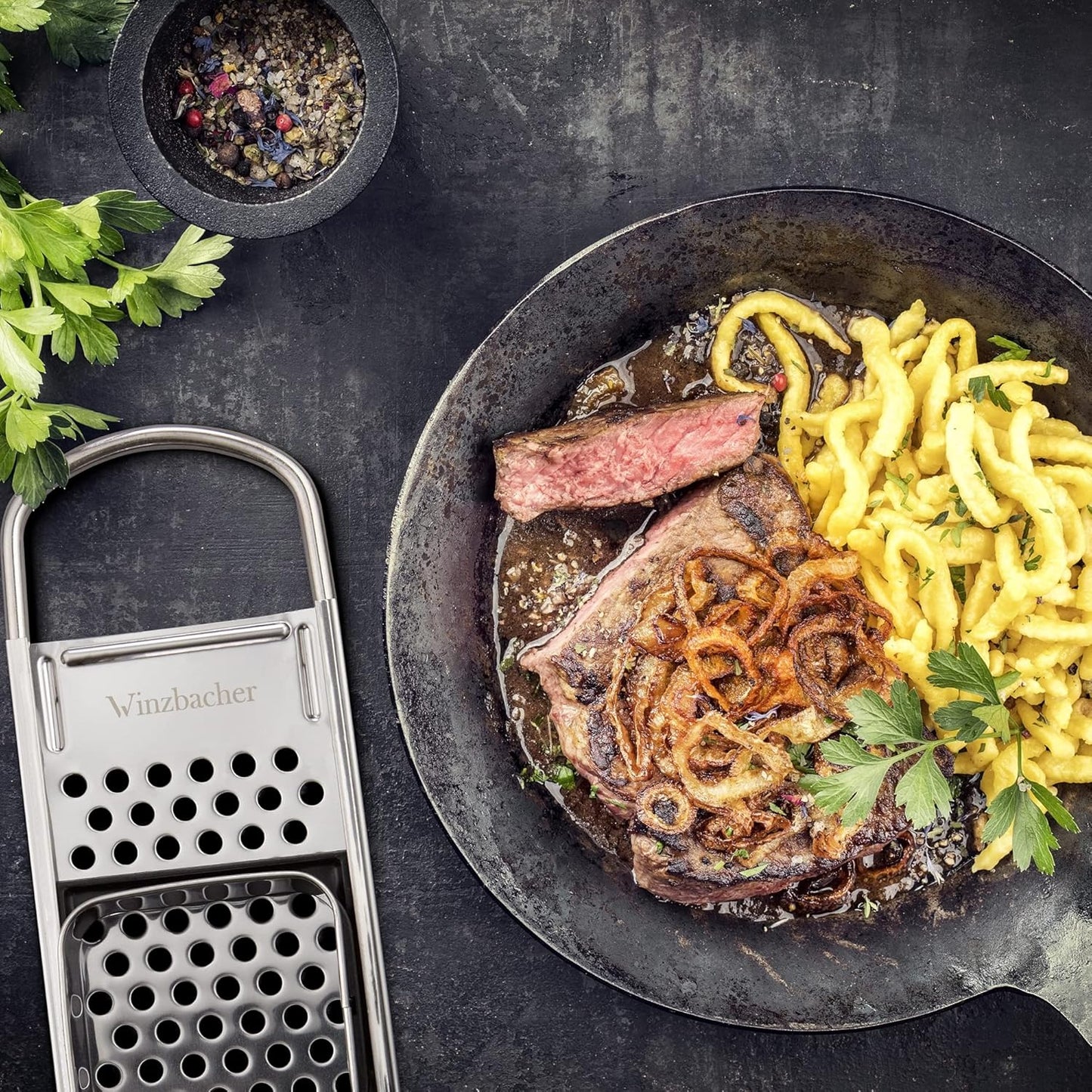 Stainless Steel Spaetzle Slicer + Ladle – 16‑30 cm Pot Diameter, Dishwasher Safe, Rustproof