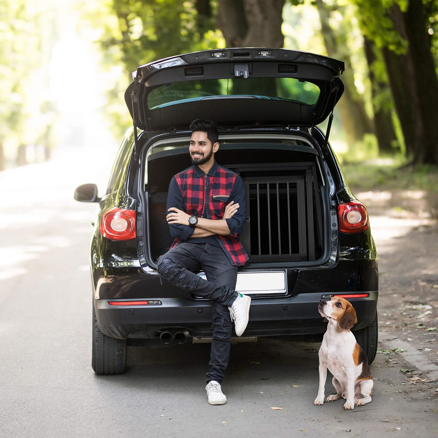 Relaxdays Dog Crate for Car Trunk, Angled Aluminum Pet Travel Cage