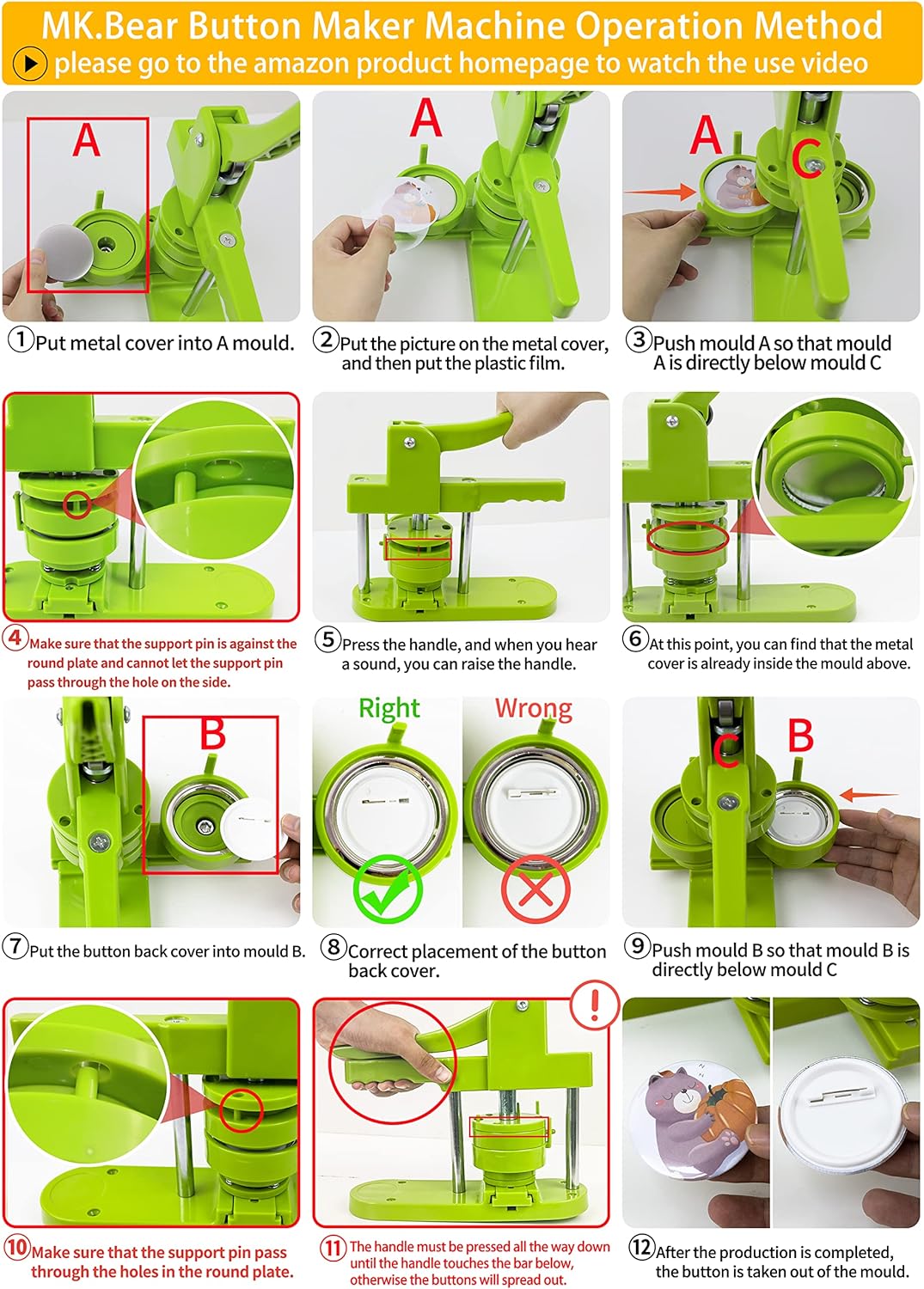 MK.Bear 75mm DIY Button Maker Machine with 100 Supplies