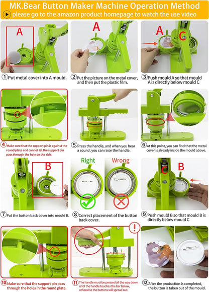 MK.Bear 75mm DIY Button Maker Machine with 100 Supplies