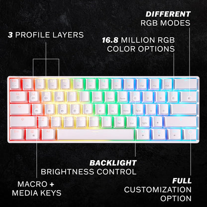 HK Gaming GK61 60% Mechanical Gaming Keyboard with RGB Backlit Hot‑Swappable Switches – White