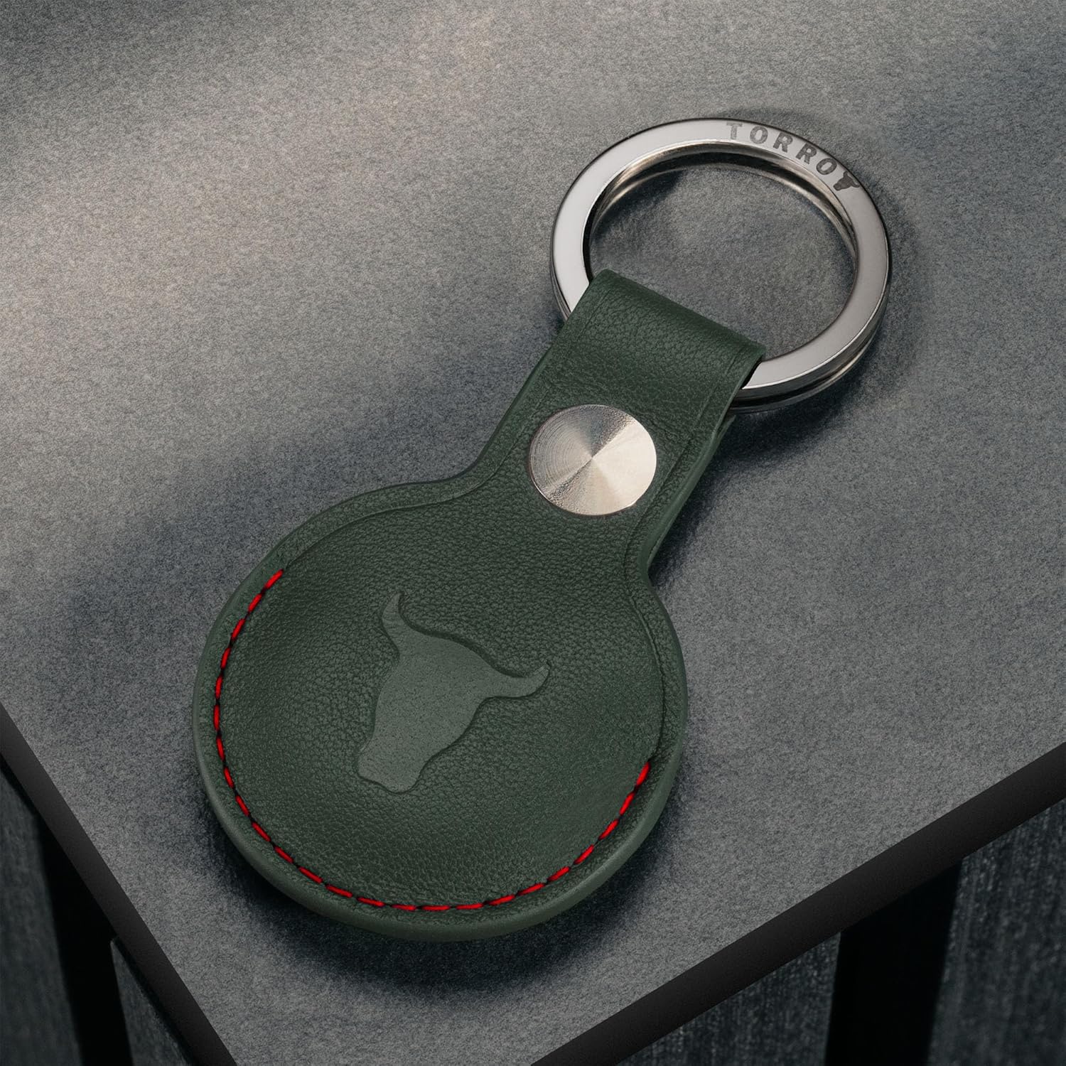 Premium Genuine Leather TORRO AirTag Keychain with Brushed Ring Green