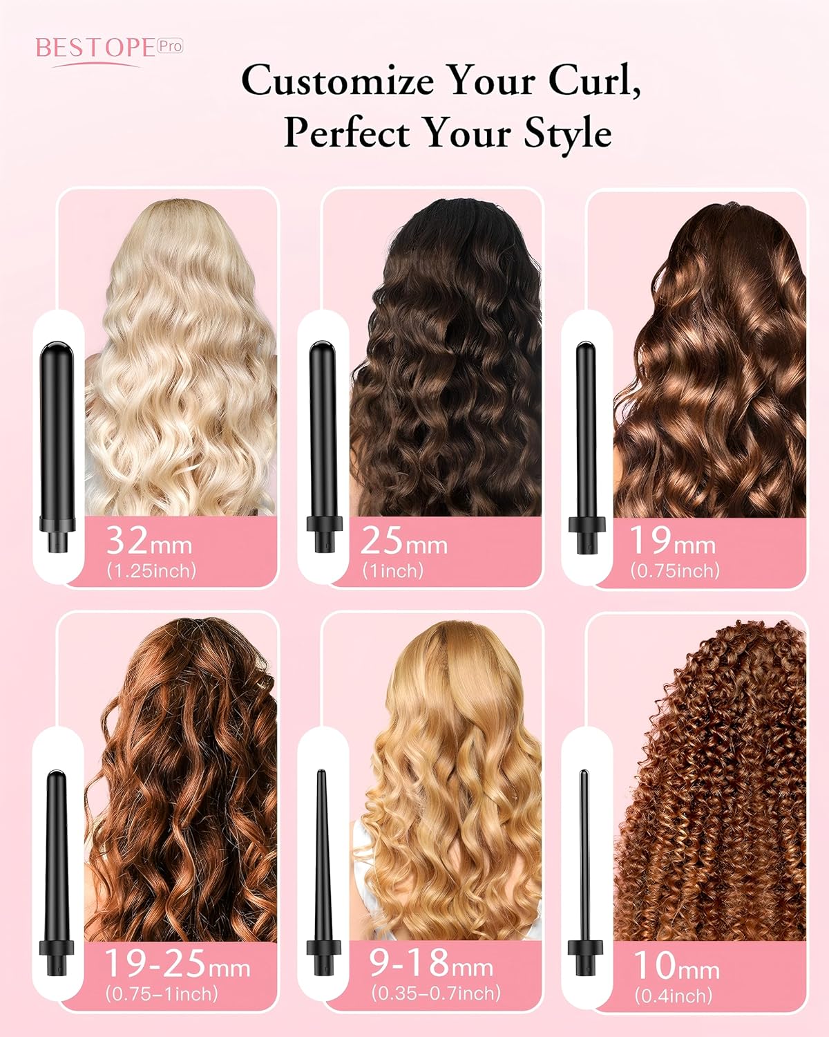 BESTOPE PRO 6-in-1 Tourmaline Curling Iron Large & Small Curls
