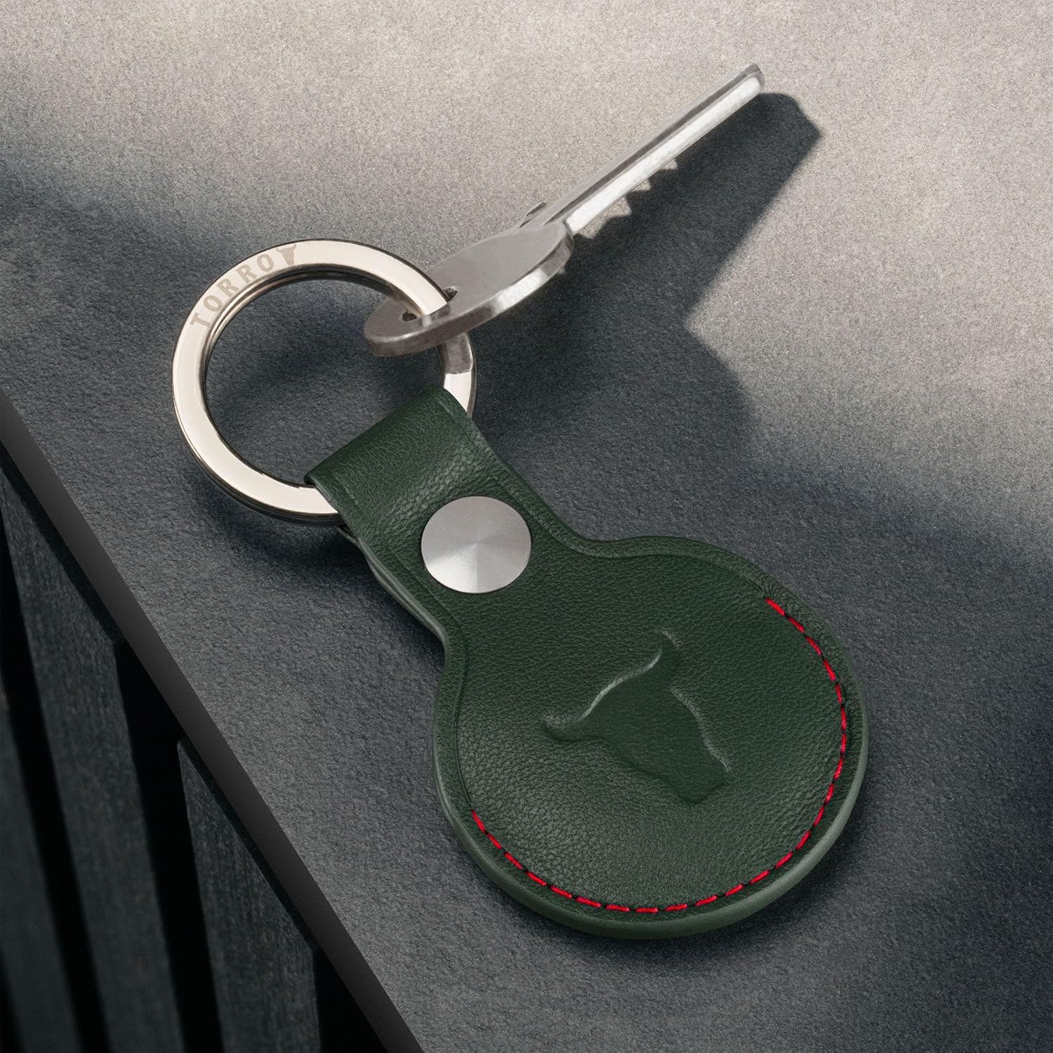 Premium Genuine Leather TORRO AirTag Keychain with Brushed Ring Green