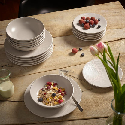 ECHTWERK Vintage Blanka 18-Piece Stoneware Dinnerware Set for 6, Cream Embossed