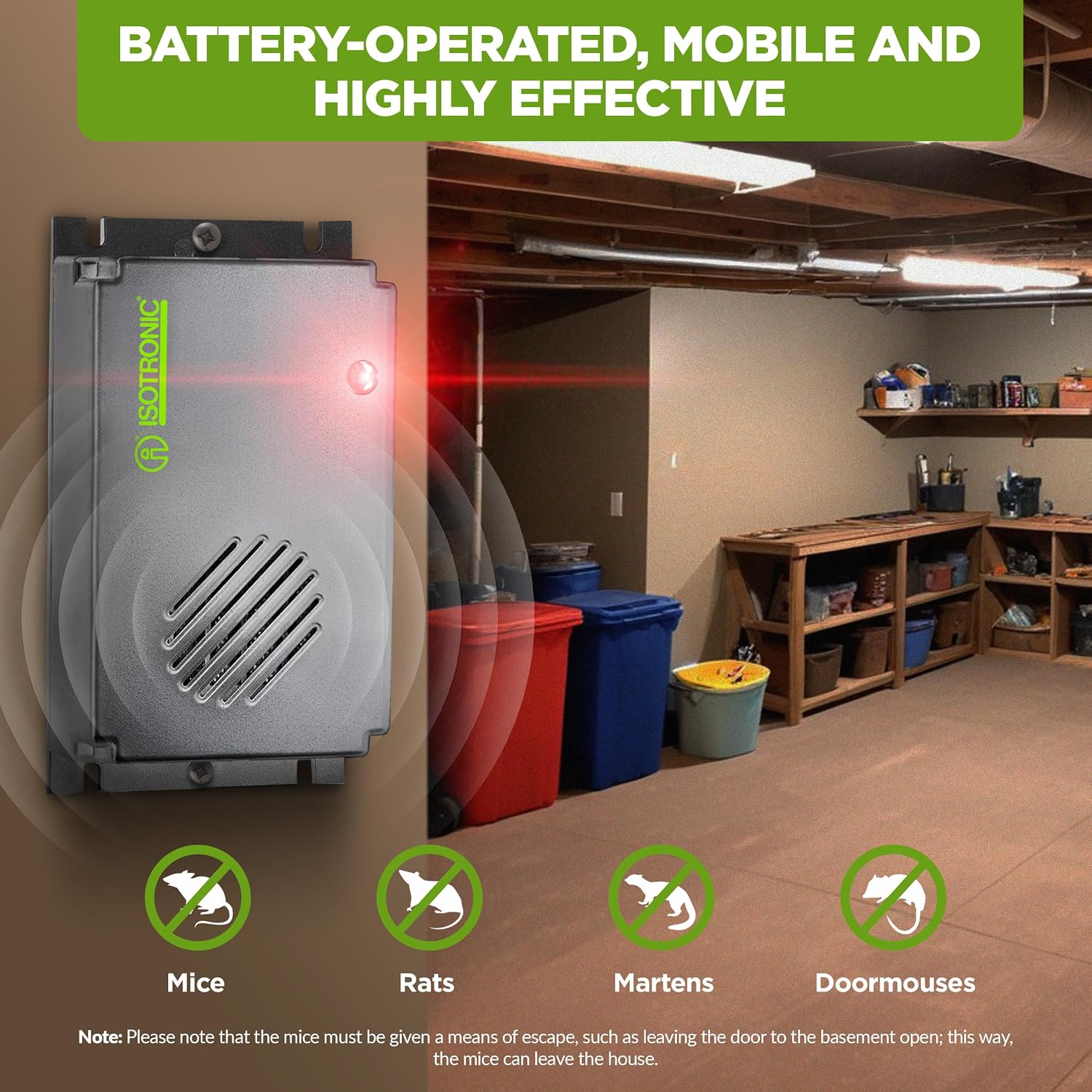 ISOTRONIC Ultrasonic Mouse Repellent 40m² Effective Range Battery Operated Grey