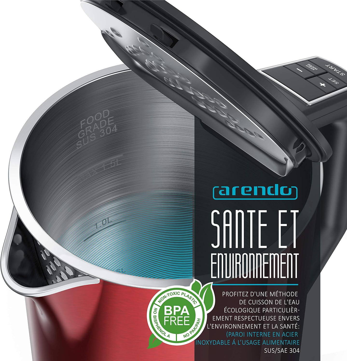 Arendo Stainless Steel Electric Kettle, 1.5L, Crimson Red, Temperature Control