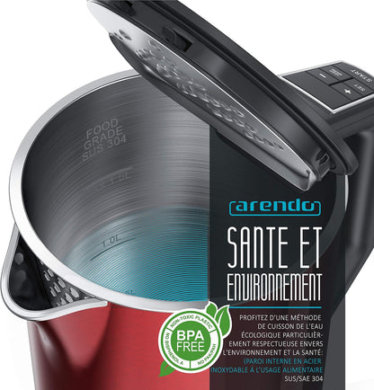 Arendo Stainless Steel Electric Kettle, 1.5L, Crimson Red, Temperature Control