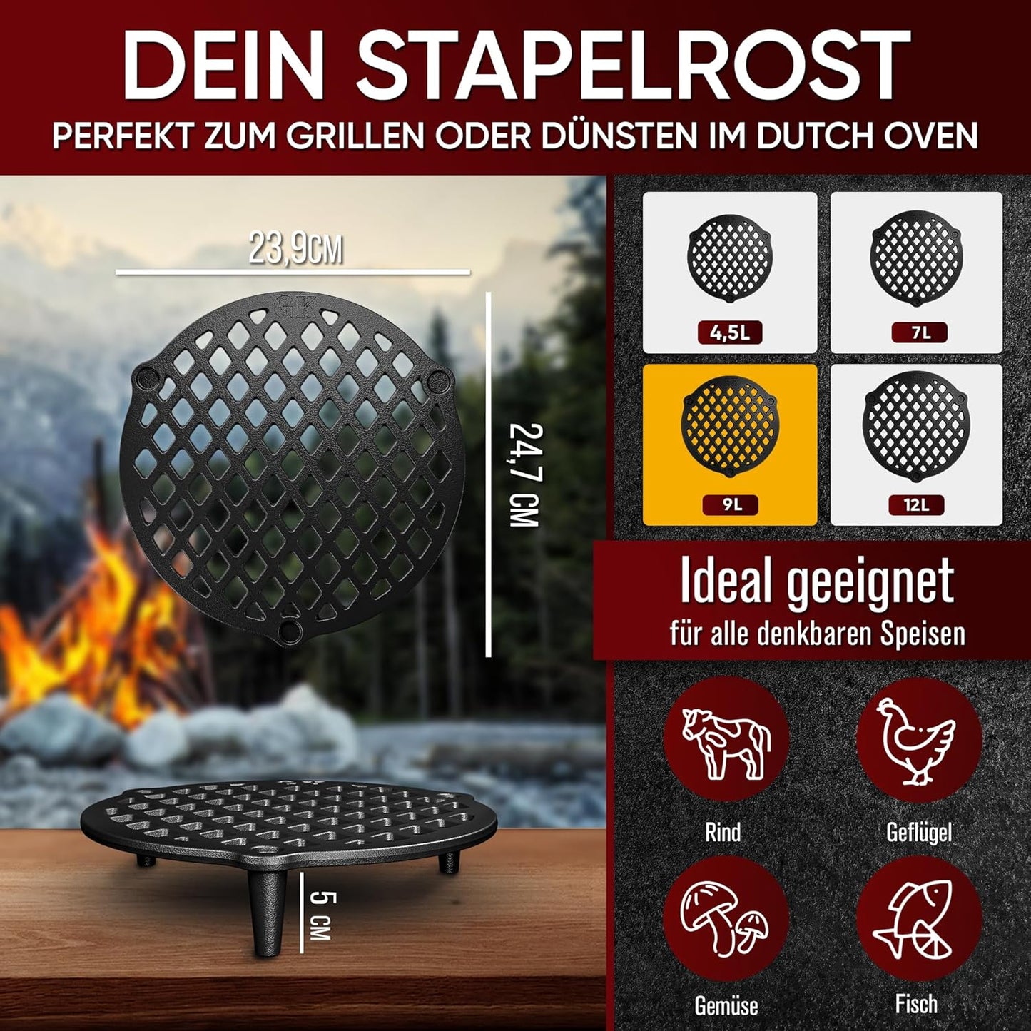 Gusskönig Cast Iron Stackable Grill Rack for 9L Dutch Oven