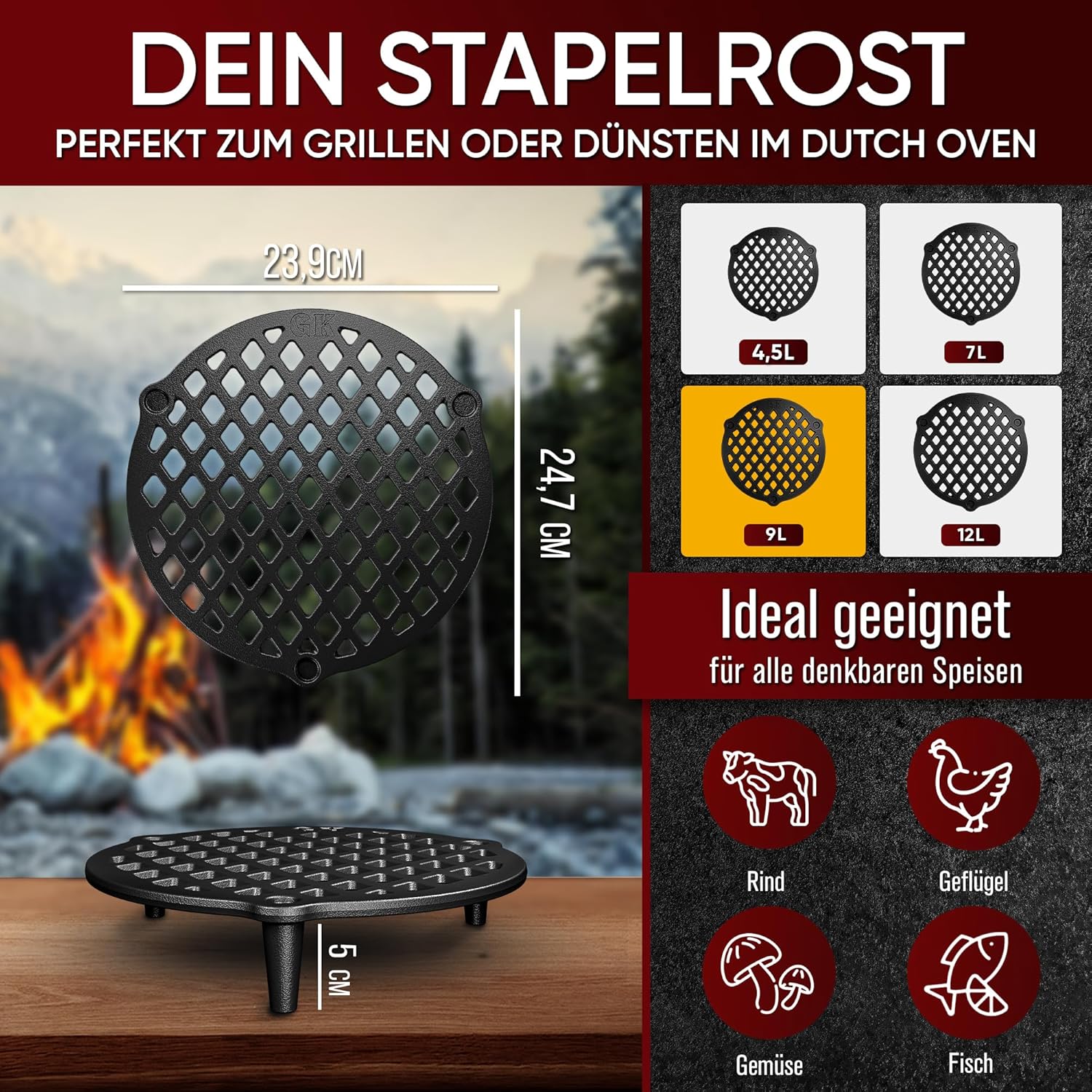 Gusskönig Cast Iron Stackable Grill Rack for 9L Dutch Oven