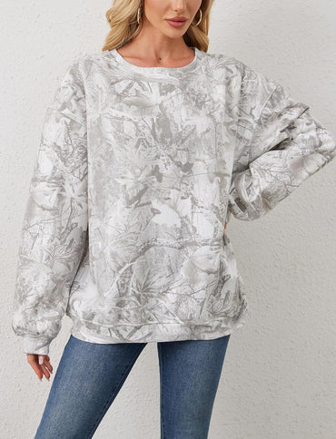 Camo Sweatshirt For Women Maple Leaf Print Hoodies Crew Neck Oversized Long Sleeve Drop Shoulder Pullovers