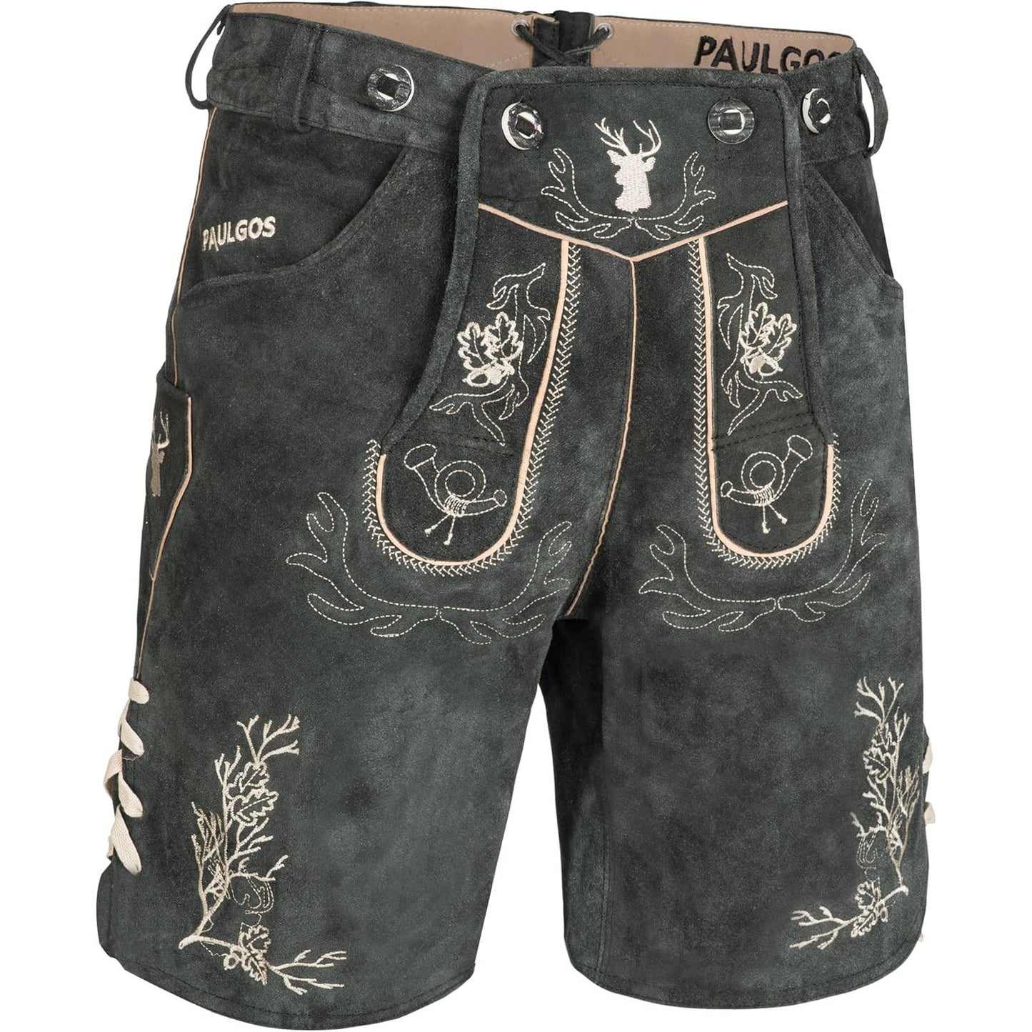 PAULGOS Men's Traditional Leather Trousers with 3D Deer Antler Embroidery