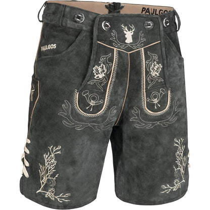 PAULGOS Men's Traditional Leather Trousers with 3D Deer Antler Embroidery