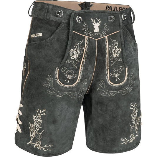 PAULGOS Men's Traditional Leather Trousers with 3D Deer Antler Embroidery
