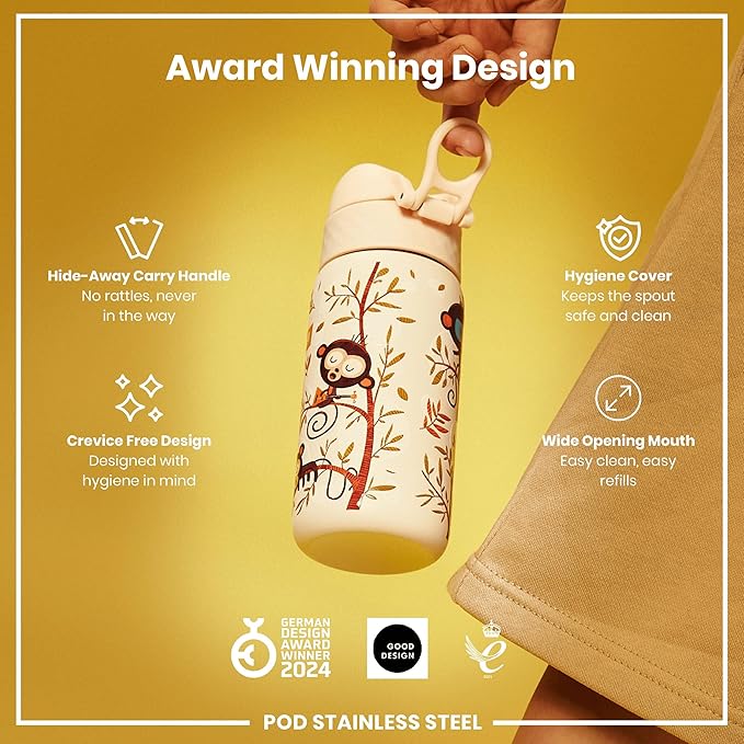 Stainless steel water bottle with design on a yellow background, featuring award logos.