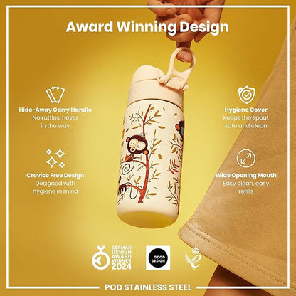 Stainless steel water bottle with design on a yellow background, featuring award logos.