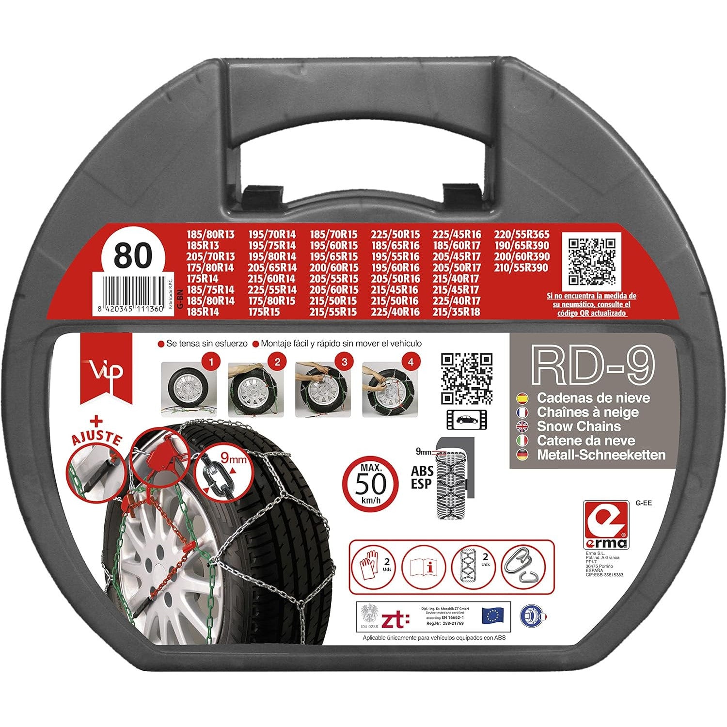 VIP RD9 Metal Snow Chains 9mm Size 80 with Gloves