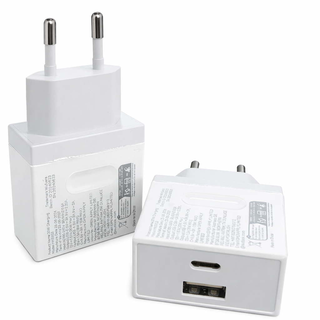 Fast Charging 20W Wall Adapter EU Plug – Dual Port USB-C + USB-A Charger