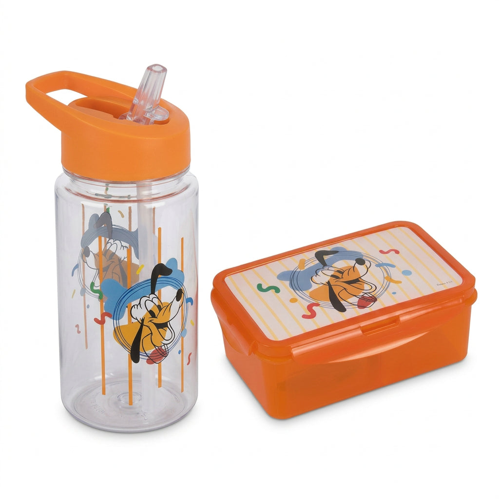 An orange and clear plastic lunch set featuring a cartoon water bottle and matching lunchbox with Pluto illustrations on a white background.