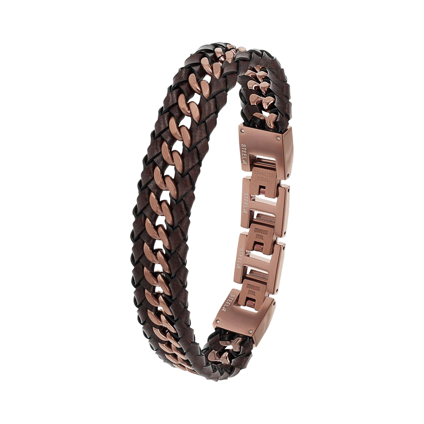 JOOP! Men's Brown Braided Leather and Stainless Steel Armour Link Bracelet