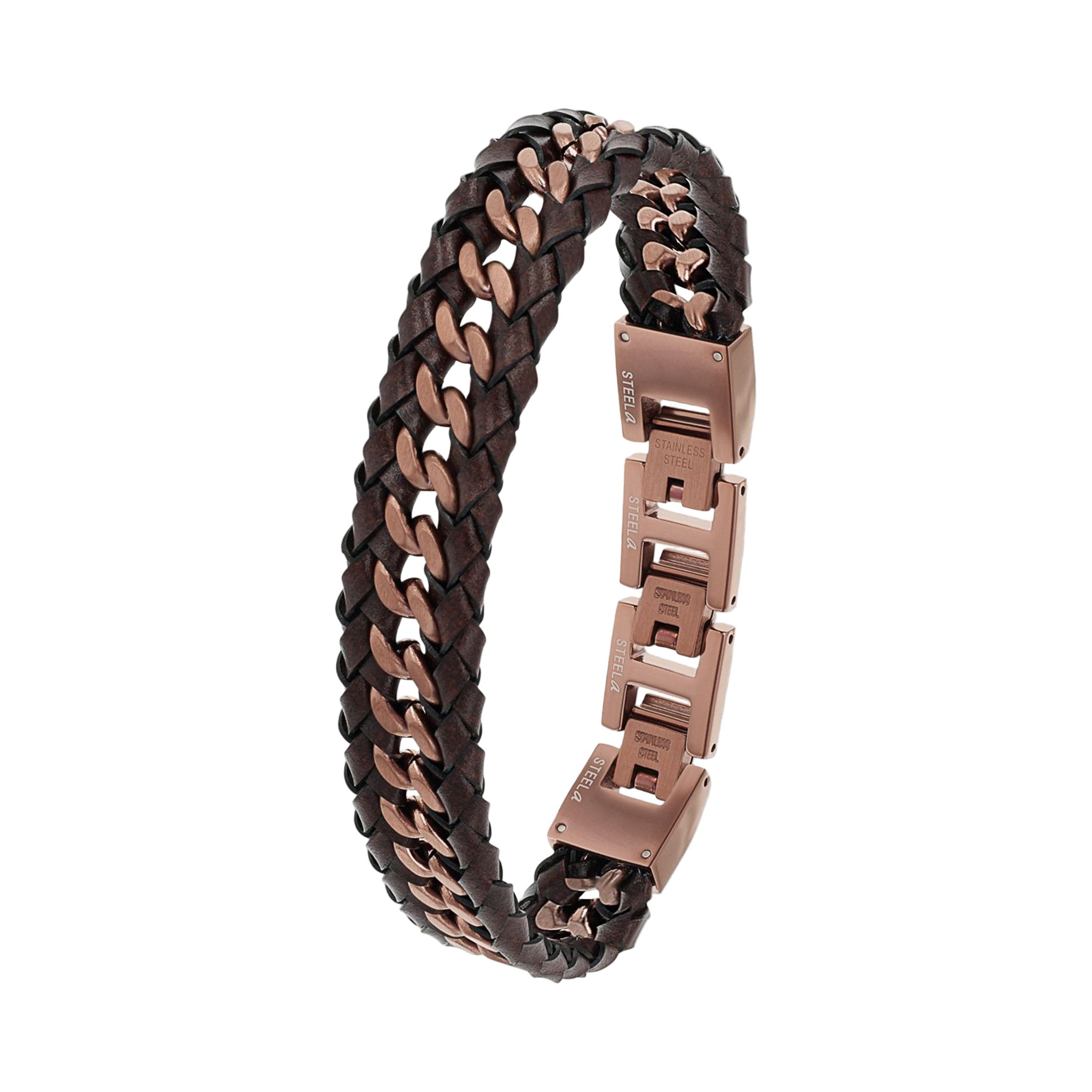 JOOP! Men's Brown Braided Leather and Stainless Steel Armour Link Bracelet