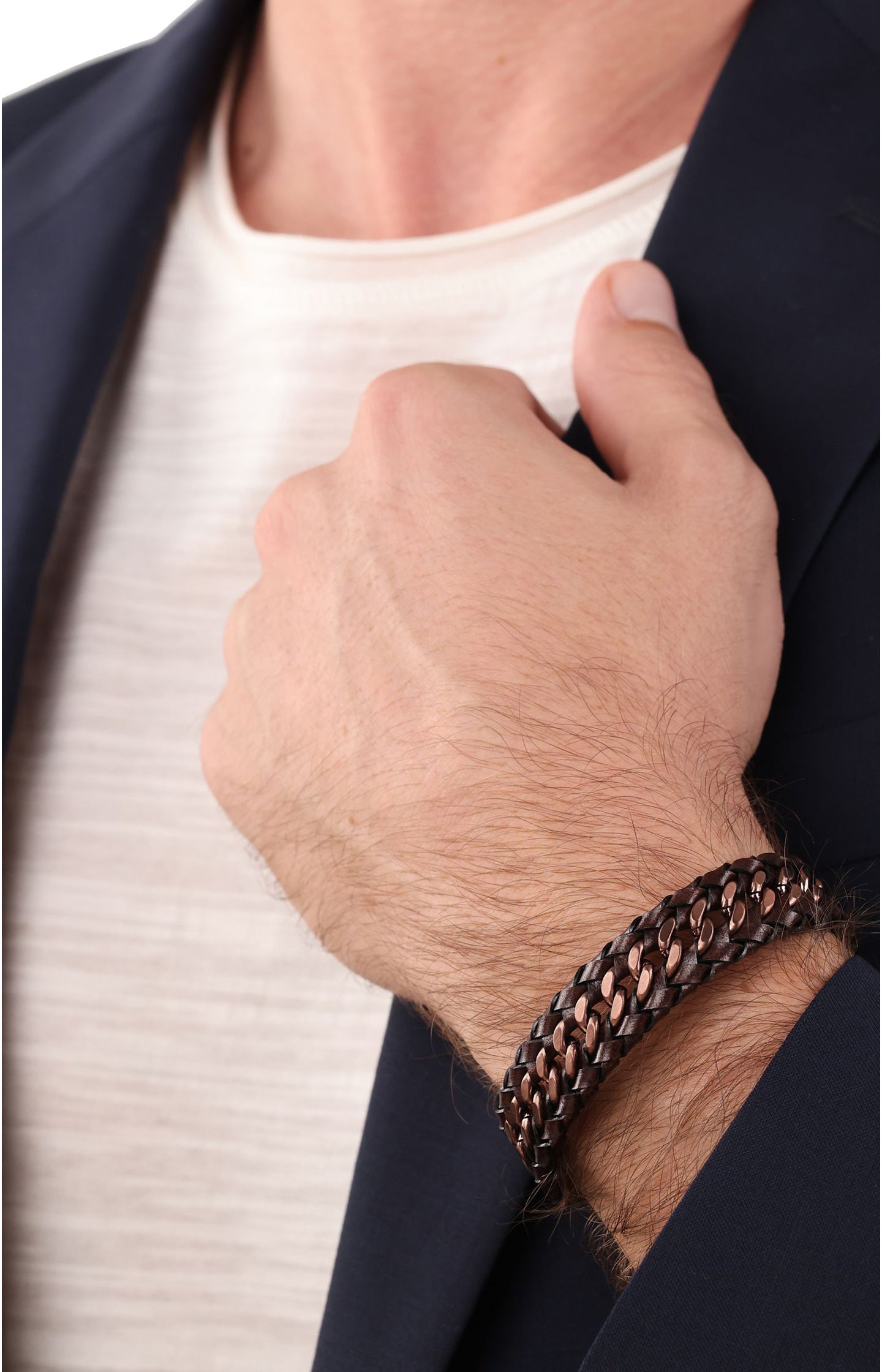 JOOP! Men's Brown Braided Leather and Stainless Steel Armour Link Bracelet