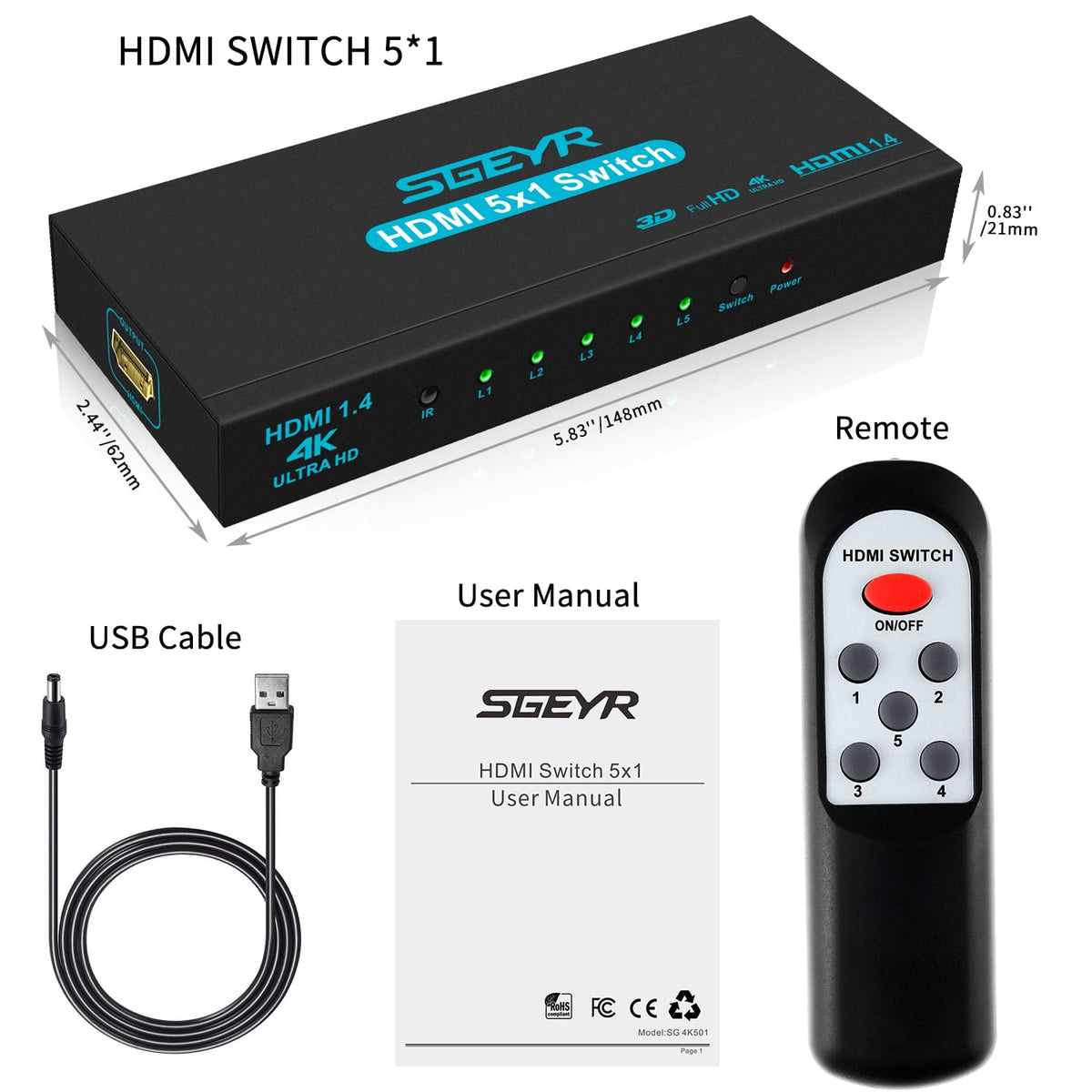 SGEYR 5-Port 4K 30Hz HDMI Switch with Remote 4K501