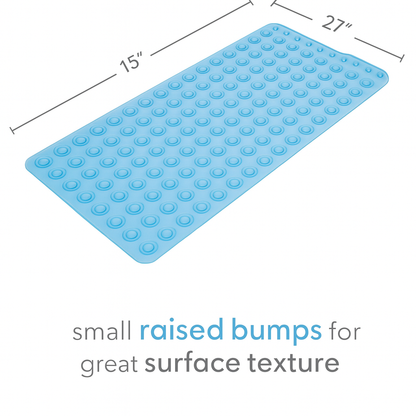 Blue bath mat with raised bumps and measurements on a white background